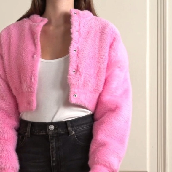 🆕ALEXANDERWANG T PRISM PINK LONG-SLEEVE FAUX FUR CARDIGAN JACKET BUBBLEGUM PINK - Picture 14 of 16